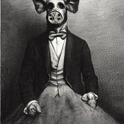 Prompt: a pig in a tuxedo, creepy atmosphere, dark, portrait, realistic portrait, beautiful, close up, very realistic, illustration by Gustave Doré