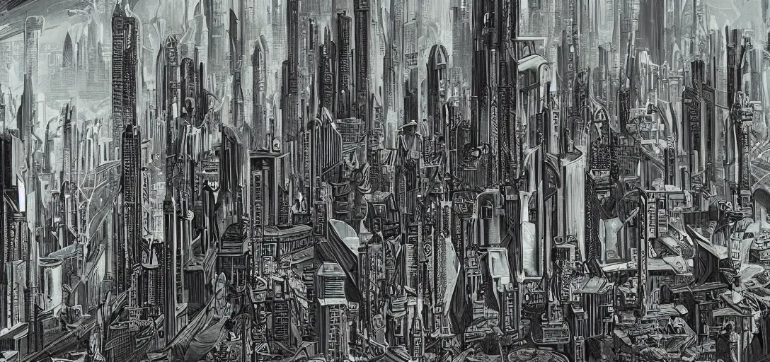 Image similar to a cityscape in the style of H.R. Giger meets Syd Mead