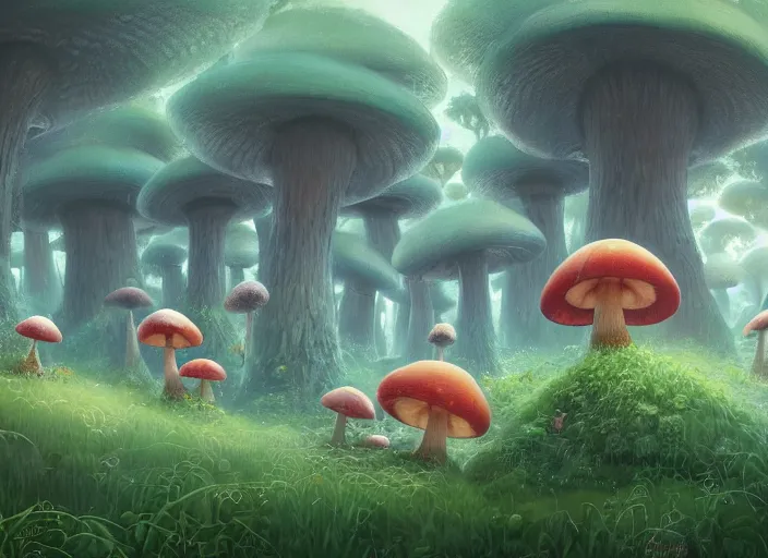 Image similar to an ultra detailed matte landscape of a giant mushroom forest, carmine birds, detailed, cory loftis, james gilleard, tomasz alen kopera, goro fujita, studio ghibli, rim light, exquisite lighting, clear focus, very coherent, plain background, soft painting