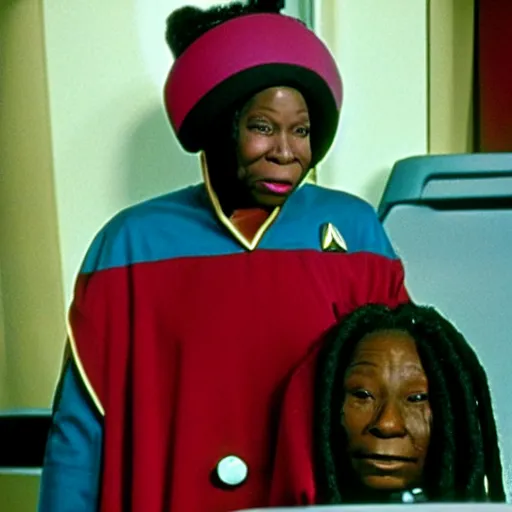 Image similar to guinan from star trek wearing random kitchen tools on her head on the starship enterprise, played by a young whoopi goldberg