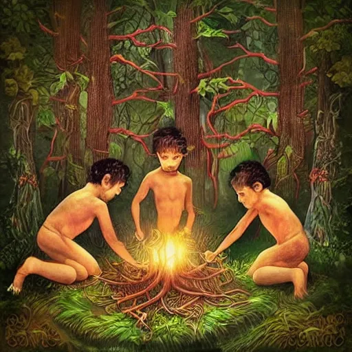 Image similar to “ forest childs making ritual in the forest, intricate, artwork, illustration, fantasy, digital art ”