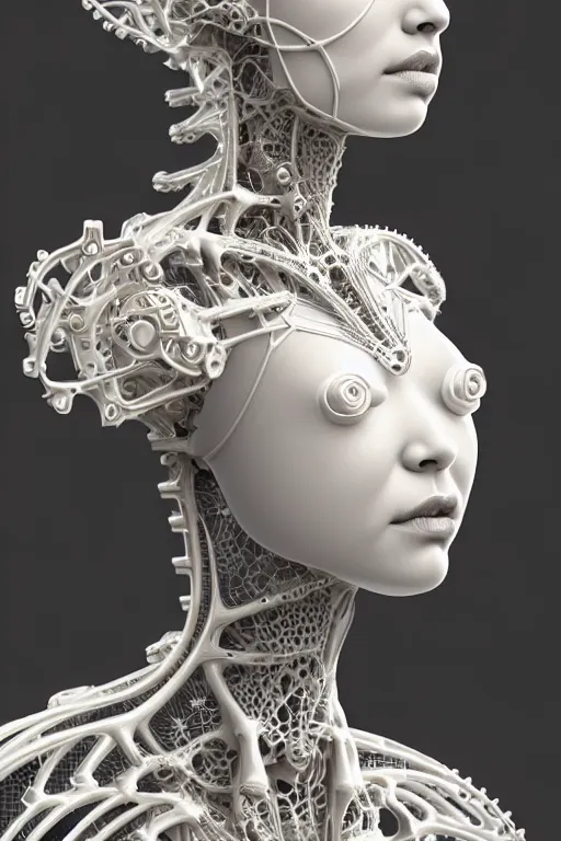 Image similar to bw 3 d render, stunning beautiful young cute biomechanical albino female cyborg with a porcelain profile face, angelic, rim light, big leaves and stems, roots, fine foliage lace, alexander mcqueen, art nouveau fashion embroidered, steampunk, silver filigree details, hexagonal mesh wire, mandelbrot fractal, elegant, artstation trending