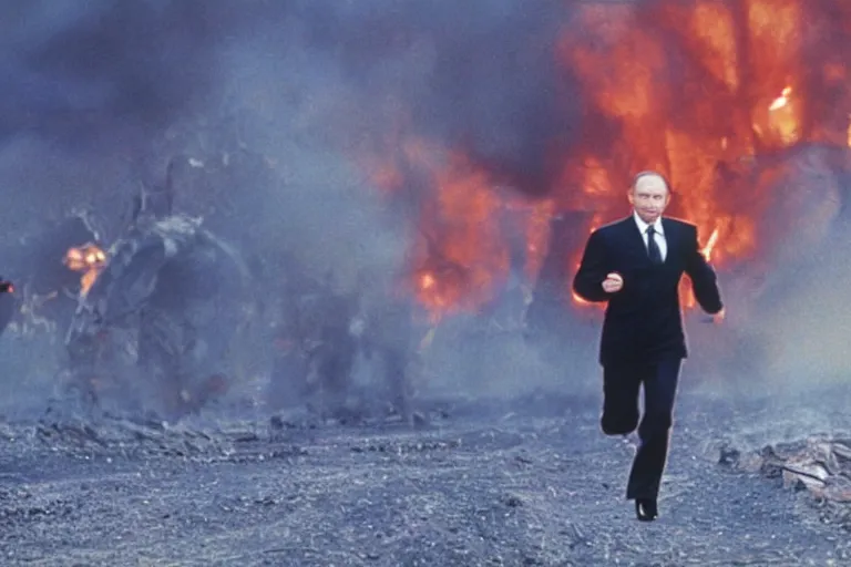 Image similar to film still, energetic long shot, tilted frame, some motion blur, of Vladimur Putin running away from an explosion, from the movie The Rock (1996), promotional photo