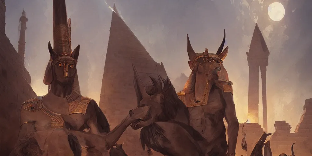 Image similar to anubis in egypt city, sharp focus, wide shot, trending on artstation, masterpiece by greg rutkowski by ross tran by fenghua zho