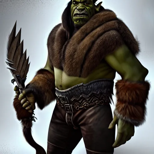 Image similar to A full body shot of a handsome orc looking into the camera wearing a leather fur jacket and boots, full body shot, artstation, realistic, highly detailed, symmetrical, hyper realism, warcraft, dynamic pose, high detail, octane render, unreal engine, 8k, fantasy art, highly detailed, concept art