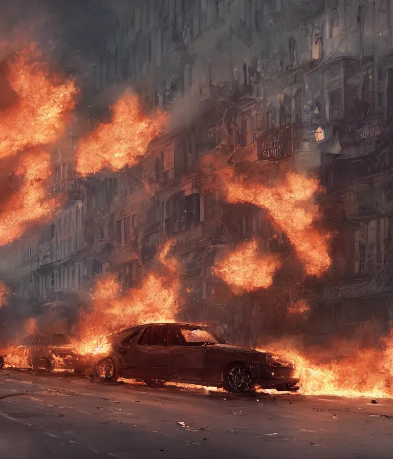 Image similar to a beautiful hyperrealistic detailed 3D render of burning cars in a city riot, by Anton Otto Fischer, Atey Ghailan, genzoman, unreal engine, octane render, gigantic, 3D, brilliantly coloured, intricate, ultra wide angle, trending on artstation, embers, smoke, dust, dusk, volumetric lighting, HDR, polished, micro details, ray tracing, 8k