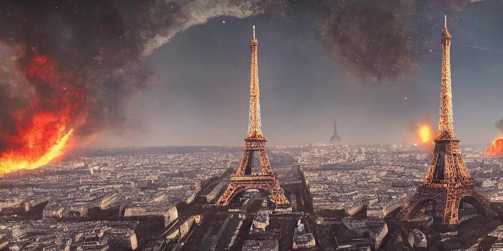 Prompt: the eifel tower gets hit by an asteroid, multiple asteroids are in the air, paris in the background is burning, apocalyptic, highly detailed, 4 k, digital paintin, sharp focus, tending on artstation