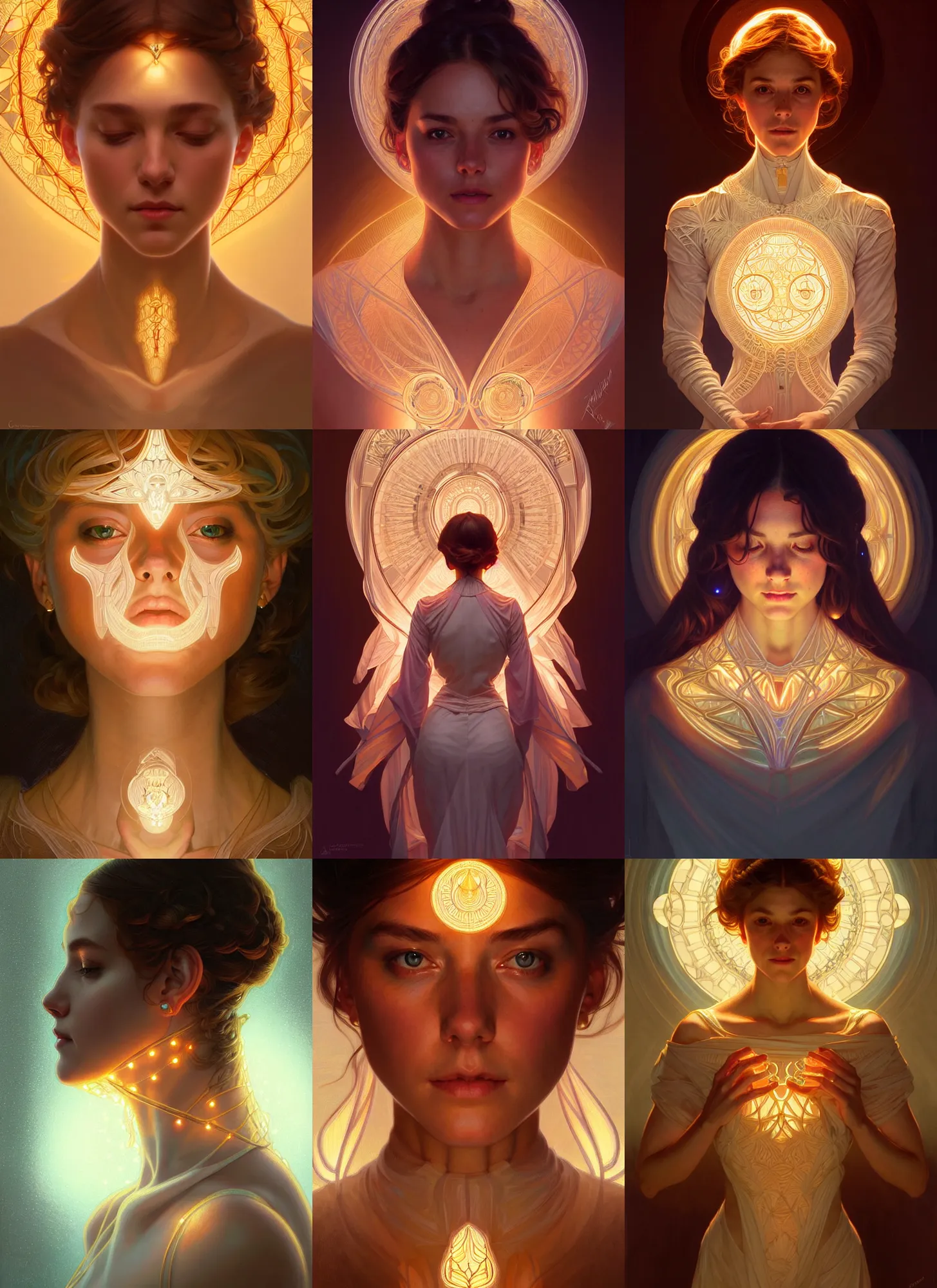 Image similar to symmetry!! portrait of a woman, cottagecore!!, glowing lights!! intricate, elegant, highly detailed, digital painting, artstation, concept art, smooth, sharp focus, illustration, art by artgerm and greg rutkowski and alphonse mucha