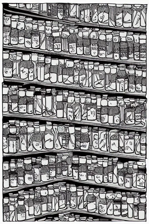 Prompt: mcbess illustration of a magical, mystical shop full of jars of sweets, rainbow gouache