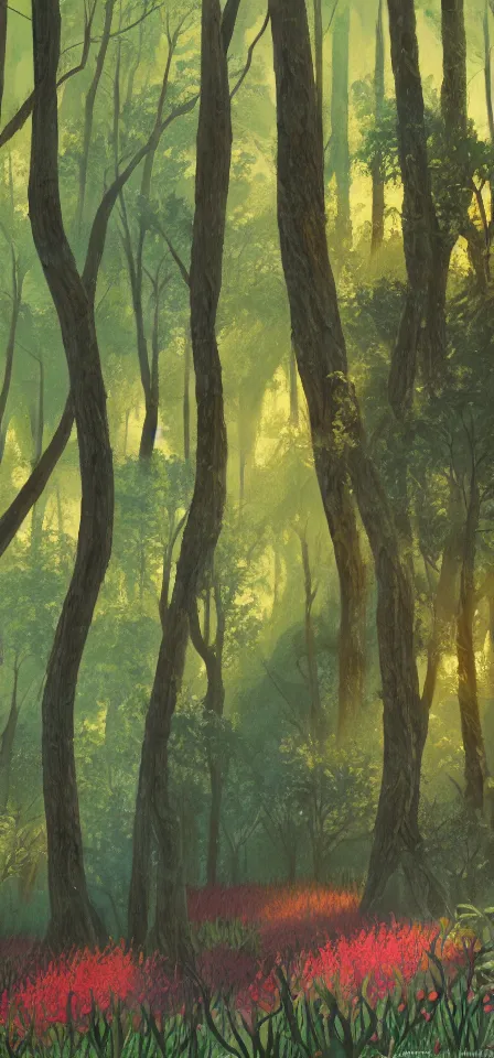 Image similar to smooth flowering forest. gouache painting by the award - winning concept artist, bloom, chiaroscuro, backlighting, depth of field.