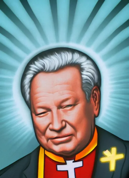 Image similar to president yeltsin smokes a cigarette, icon with a halo, color art in church style 4 k