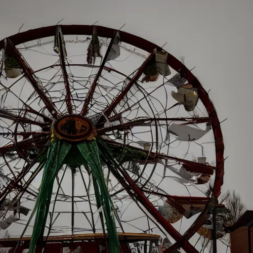 Image similar to an old abandoned rusty ferris wheel, in a town filled with pale yellow mist. Dystopian. Award-winning colored photo. OM system 12–40mm PRO II 40mm, 1/100 sec, f/2 8, ISO 800