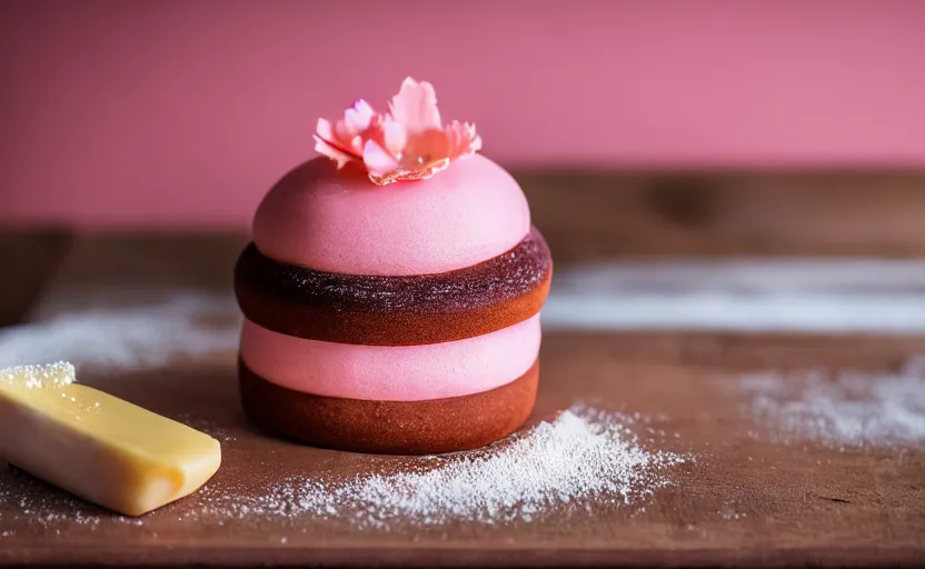 Image similar to A photo of a swedish cake from the side on a wooden table, covered with pink marzipan, some powder sugar and a marzipan leaf. Sunset. 4K. Cinematic lighting. High detail. Realistic. Delicious.