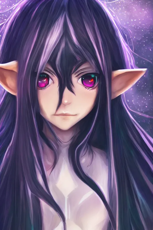 Image similar to adorable young cute anime elf girl, long black hair, fantasy armor. full body shot, symmetrical face. symmetrical detailed defined eyes. beautiful lineart. bokeh pixiv # 1 ranking depth focus, chromatic aberration, noise, soft lighting, srgb, 4 k, cinematic