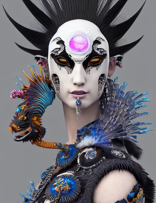 Image similar to 3 d goddess close - up profile portrait punk with mohawk with ram skull. beautiful intricately detailed japanese crow kitsune mask and clasical japanese kimono. betta fish, jellyfish phoenix, bio luminescent, plasma, ice, water, wind, creature, artwork by tooth wu and wlop and beeple and greg rutkowski