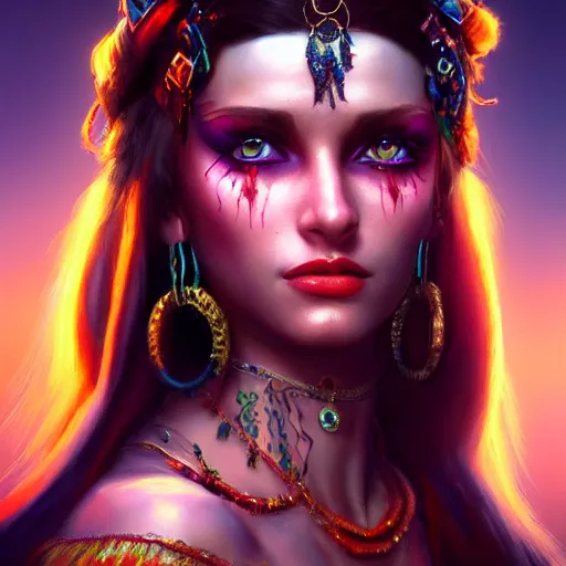 Image similar to the gypsy, perfect eyes, full body shot, portrait, vivid colors, elegant, concept art, sharp focus, digital art, Hyper-realistic, 4K, Unreal Engine, Highly Detailed, HD, Dramatic Lighting by Brom, trending on Artstation