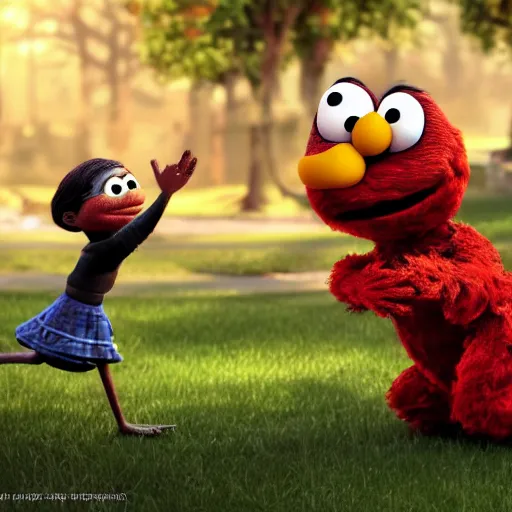 Prompt: stunning, coherent, impressive, detailed still of black a family beating up (elmo) in a fantasy dream world park, follow shot, 3d, in the style of pixar, comic book style, 3d, highly detailed, sharp focus, bokeh, depth of field, 16k resolution, Unreal Engine 5, coherent, cinematic lighting, photorealistic, by Zhang Jingna