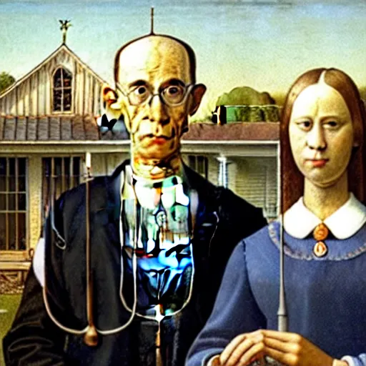 Prompt: a painting of american gothic by leonardo da vinci, oil painting