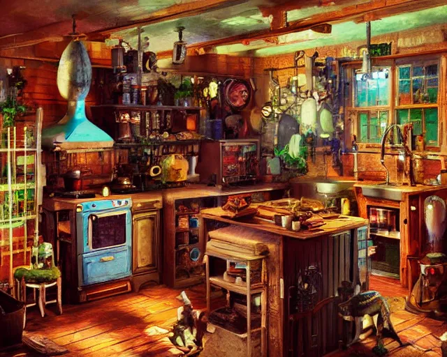 Image similar to IKEA catalogue photo of a steampunk farmhouse kitchen, by Paul Lehr
