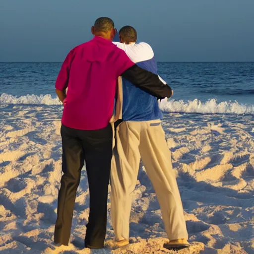 Prompt: Walter White hugging Barak Obama on the beach, sunset, zoomed in