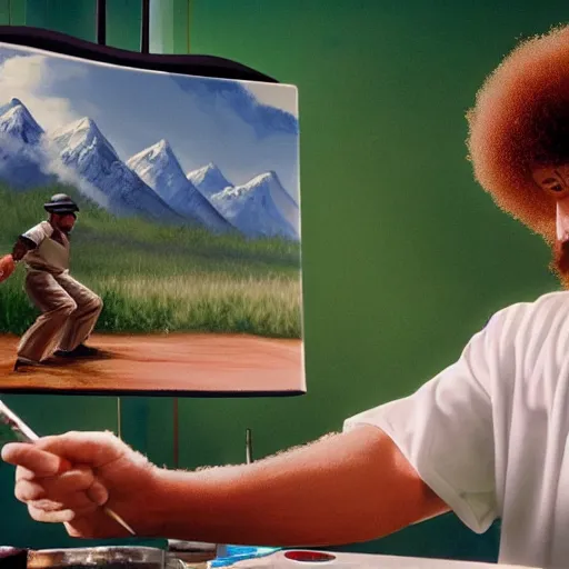 Prompt: a closeup photorealistic photograph of bob ross painting kenny powers dressed in baseball uniform onto a canvas. mountains and trees. film still. brightly lit scene. this 4 k hd image is trending on artstation, featured on behance, well - rendered, extra crisp, features intricate detail, epic composition and the style of unreal engine.