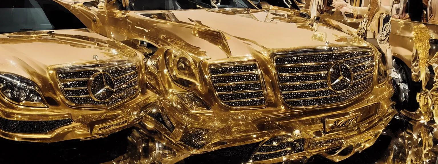 Prompt: photography a very luxurious, golden mercedes studded with diamonds, premium,