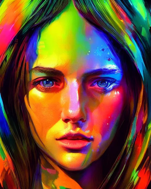 Image similar to colorful portrait of a brunette hippie, but set in the future 2 1 5 0 | highly detailed | very intricate | symmetrical | professional model | cinematic lighting | award - winning | painted by mandy jurgens | pan futurism, dystopian, bold psychedelic colors, cyberpunk, anime aesthestic | featured on artstation