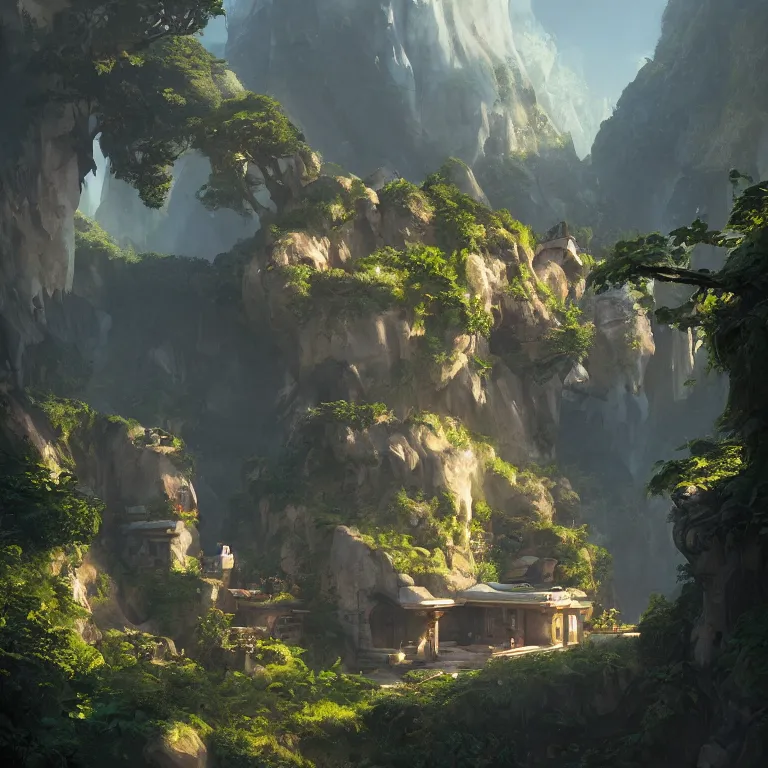 Image similar to secret overwatch living quarters carved inside a mountain surrounding a lush garden, trimmed, magical, natural light, fantasy, minimalist architecture, sharp focus, concept art, by greg rutkowski and craig mullins, atmospheric, octane render