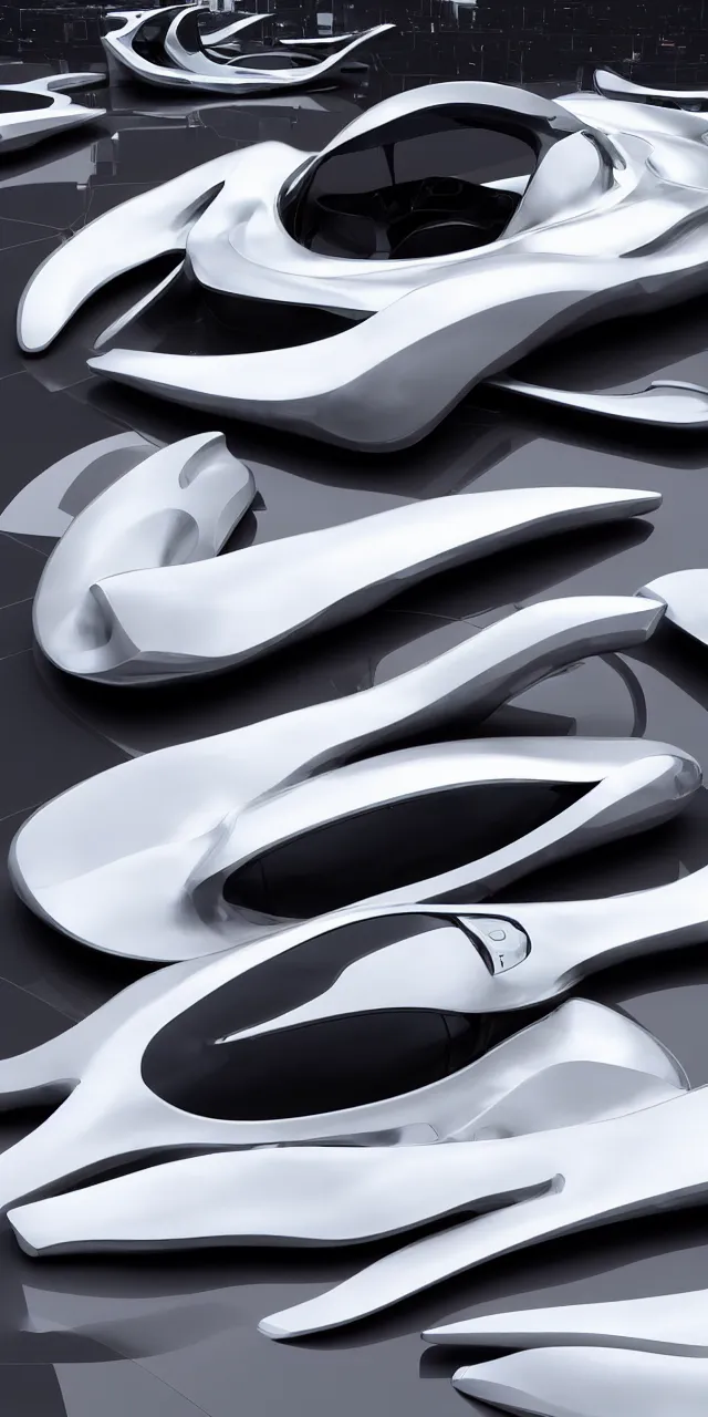 Image similar to A seamless pattern of 3D futuristic sci-fi white and chrome-plated concept cars by zaha hadid, ash thorp khyzyl saleem, karim rashid, 3D, futuristic car, Blade Runner 2049 film, large patterns, Futuristic, Symmetric, Hajime Sorayama, Marc Newson, keyshot product render, plastic ceramic material, shiny gloss water reflections, High Contrast, metallic polished surfaces, seamless pattern, white , grey, black and aqua colors, Octane render in Maya and houdini, vray, ultra high detail ultra realism, unreal engine, 4k in plastic dark tilt shift