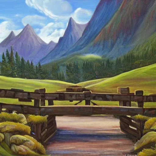 Prompt: a wooden bridge between two mountain peaks,painting,beautiful,romanticism