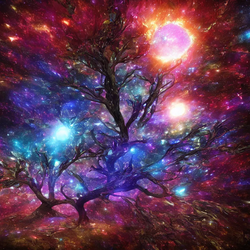 Image similar to cosmic tree of life made of stars, center composition, cinematic, trending on artstation, low level, 4K UHD image, octane render,