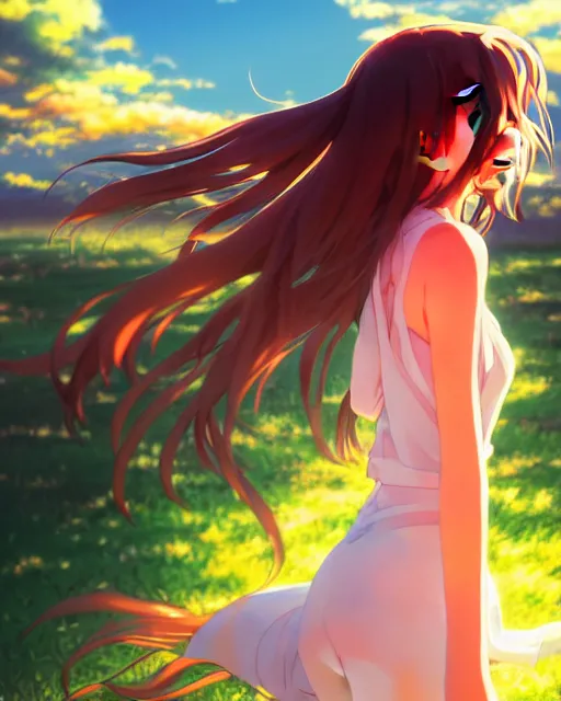 Red Hair Anime Girl sitting on skys - OpenDream