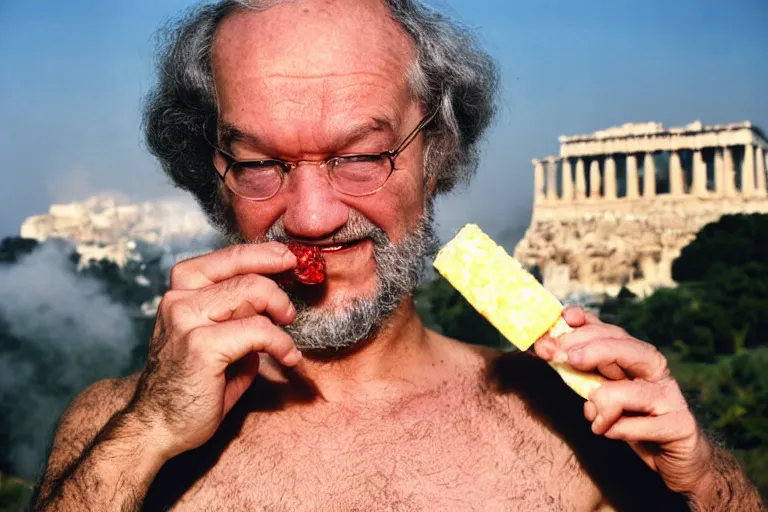 Image similar to A Martin Parr closeup portrait of Socrates eating a hemlock popsicle at the last pool party he will ever attend, a large cloud of fire engulfs him, the acropolis can be seen in the background, in the style of Martin Parr The Last Resort, ring flash closeup photograph