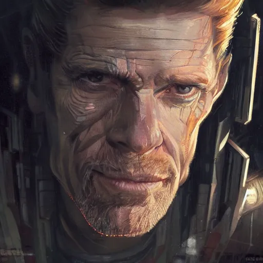 Image similar to closeup portrait of william dafoe, cyberpunk, ex military guy, city background, dramatic light, gorgeous view, depth, high detail, digital art, painted by greg rutkowski and seb mckinnon, neuromancer, trending on artstation