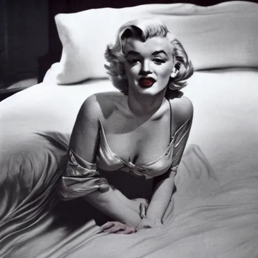 Image similar to 50s color photo of Marilyn Monroe in a silk nightgown sitting on a bed