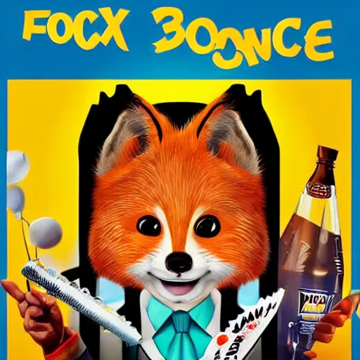 Image similar to comedy movie poster featuring an anthropomorphic fox wearing a white suit, fried chicken in the background, promotional media