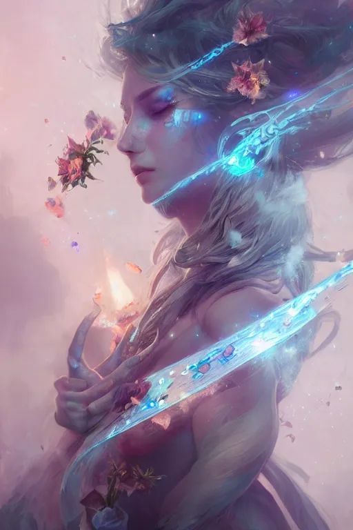 Image similar to beautiful girl necromancer covered with crystals exploding space, 3 d render, hyper realistic detailed portrait, holding magic flowers, ruan jia, wlop. scifi, fantasy, hyper detailed, octane render, concept art, peter mohrbacher