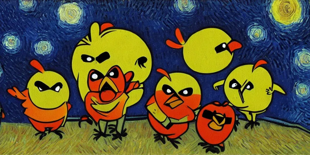Prompt: An oil painting of the angry birds, by Van Gogh