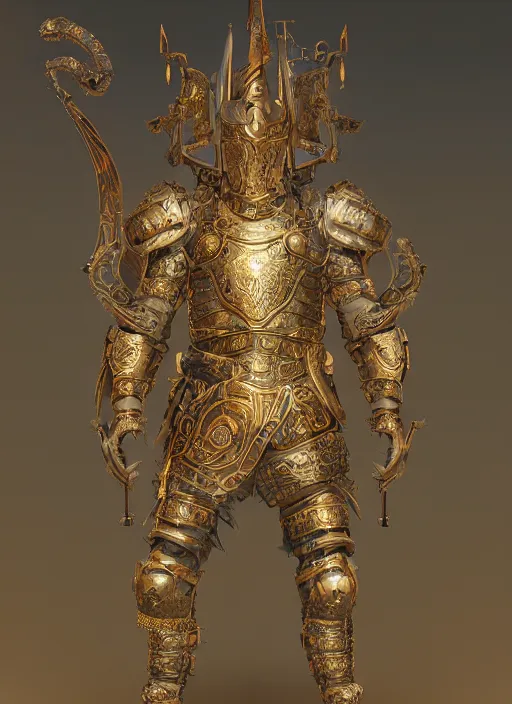 Image similar to front view, a medieval eldritch knight ornate armor made of carved wood and ivory, jeweled with strips of gold, intricate, design by feng zhu and craig mullins, peter mohrbacher, zhelong xu, ultra realistic, simple background, 8 k, octane render, unreal 5