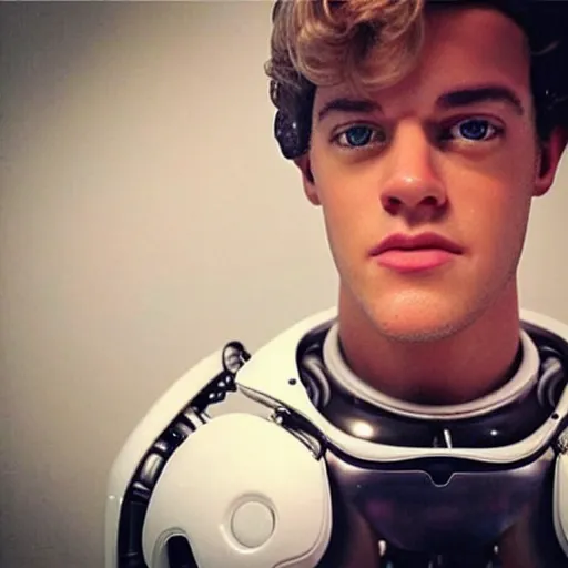 Image similar to “a realistic detailed photo of a guy who is the terminator robot, a cyborg consisting of living tissue over a robotic endoskeleton, who is a male android, Ethan Dolan, posing like a statue, blank stare”