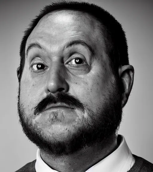 Prompt: professional photograph of a portrait of a human Mr. Meeseks from Rick and Morty, black and white, studio lighting, sking, facial hair