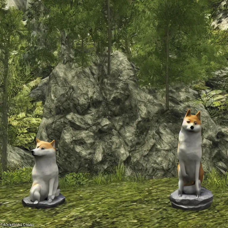 Image similar to a stone shiba inu statue in a lush forest, skyrim pc screenshot