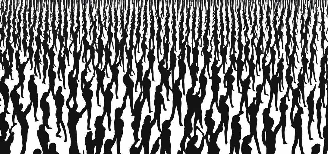 Image similar to symmetry, multiple humans in solid silhouettes, saluting, dancing, interacting and posing, organic and intricate, elegant, highly detailed, concept art, sharp focus, illustration, high contrast, long shadows, painted with colour on white, 8 k