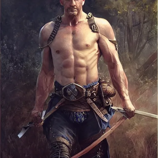 Prompt: Ranger marching toward the viewer, male, muscular, blue eyes!!!!, straight nose!!!, detailed face, exposed thighs!!!, fantasy, medieval, highly detailed, painting by greg rutkowski