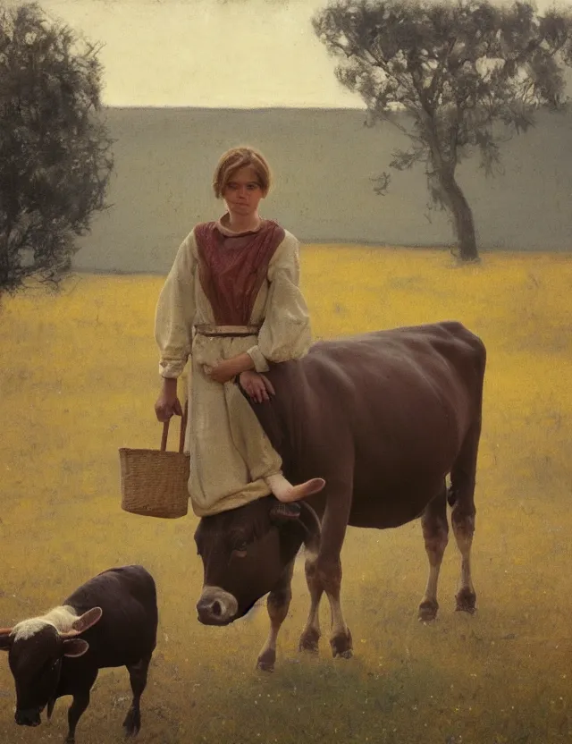 Prompt: portrait of peasant girl and cow on a farm, polaroid photo bleached vintage pastel colors high - key lighting, soft lights, foggy, by steve hanks, by lisa yuskavage, by serov valentin, by tarkovsky, 8 k render, detailed, oil on canvas