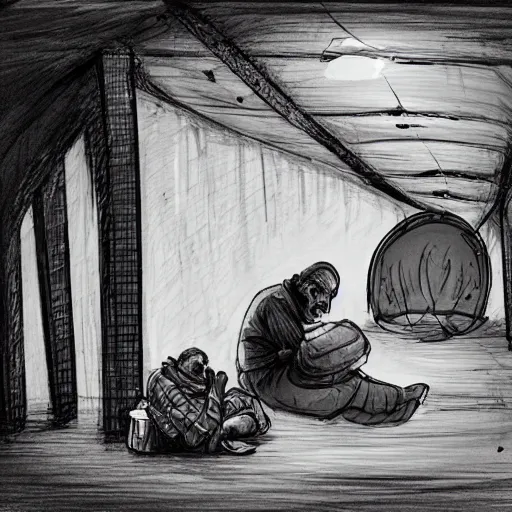 Image similar to homeless mans sit in a tent under the bridge, new york, night, concept art, very detalisation, black and white