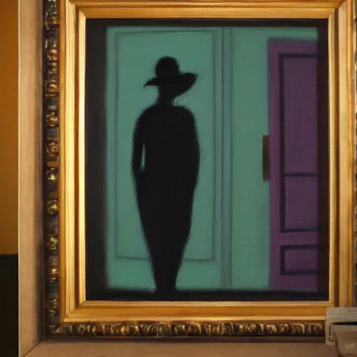 Image similar to a pastel painting of a silhouette person standing at the door of a dark room