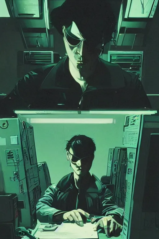 Image similar to 1 9 7 9 sci - fi portrait of neo sleeping at his desk. simple stylized cyberpunk photo from the matrix ( 1 9 9 9 ) by josan gonzalez.