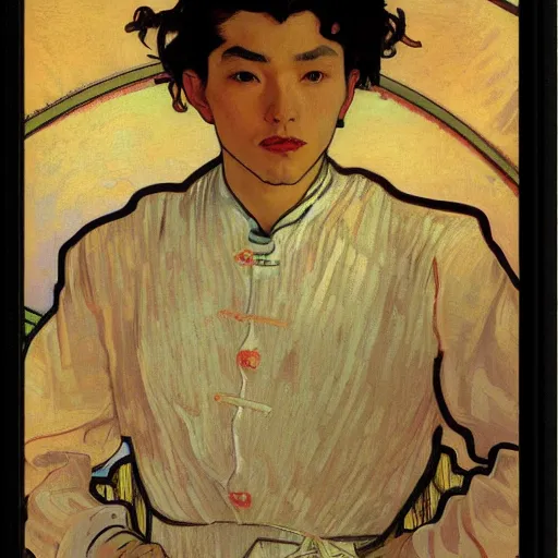 Image similar to painting of grumpy handsome beautiful man named min - jun in a maid outfit, elegant, clear, painting, stylized, art, art by alphonse mucha, vincent van gogh, egon schiele,