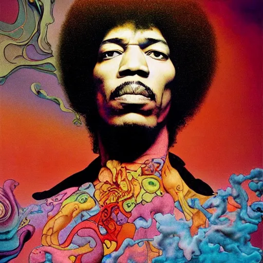 Prompt: colour masterpiece surreal closeup portrait photography jimi hendrix by miho hirano and annie leibovitz and michael cheval, psychedelic smoke background by kilian eng and roger dean and salvador dali and beksinski, 8 k